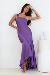 Romantic Affair Satin One Shoulder Maxi Dress Purple