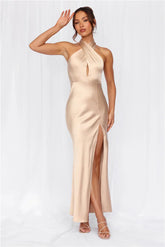 The Adeline Halter Satin Maxi Dress Champagne