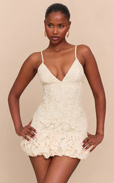 Butter Yellow Floral Cup Detail Extreme Puffball Hem Dress