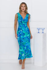 Saltwater Escape Satin Maxi Dress Blue