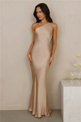 The Evangeline One Shoulder Satin Maxi Dress Champagne
